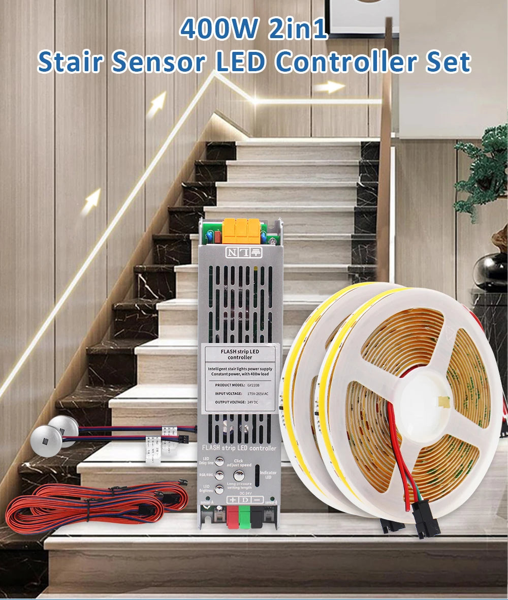 5M 10M 15M WS2811 COB Running Water Strip Light for 24V 400W PIR Motion Sensor LED Stair Controller Staircase Lighting Decor