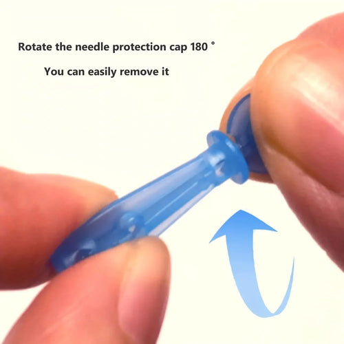 Disposable needle remover tool with blue handle and rotating needle protection cap