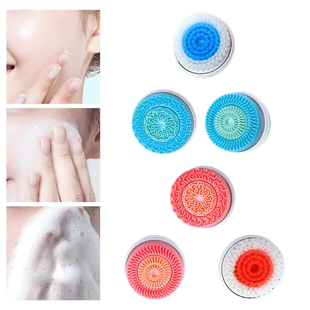 A set of six colorful, circular facial cleansing brush heads with varied bristle and silicone textures.
