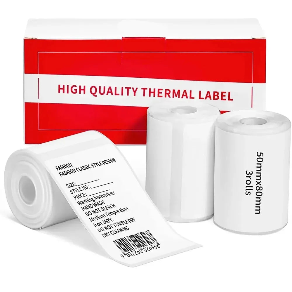 White thermal label paper rolls with self-adhesive barcode stickers, 50mm x 80mm