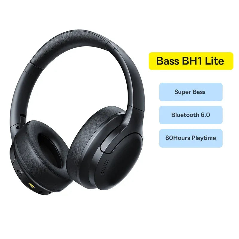 Baseus Wireless Headphones Bluetooth 5.3 HIFI Level Earphone 40mm Driver Foldable Over Ear Headsets 70H Playtime Spatial Audio Bass BH1 Lite Black China Mainland Tidesmit