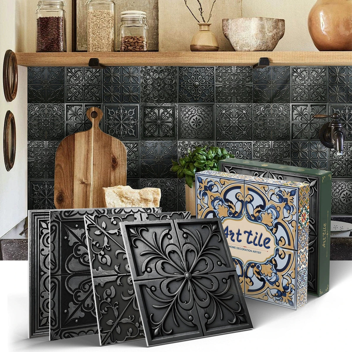Peel-and-stick mosaic tile sticker sheets with dark gray embossed floral swirl medallion pattern