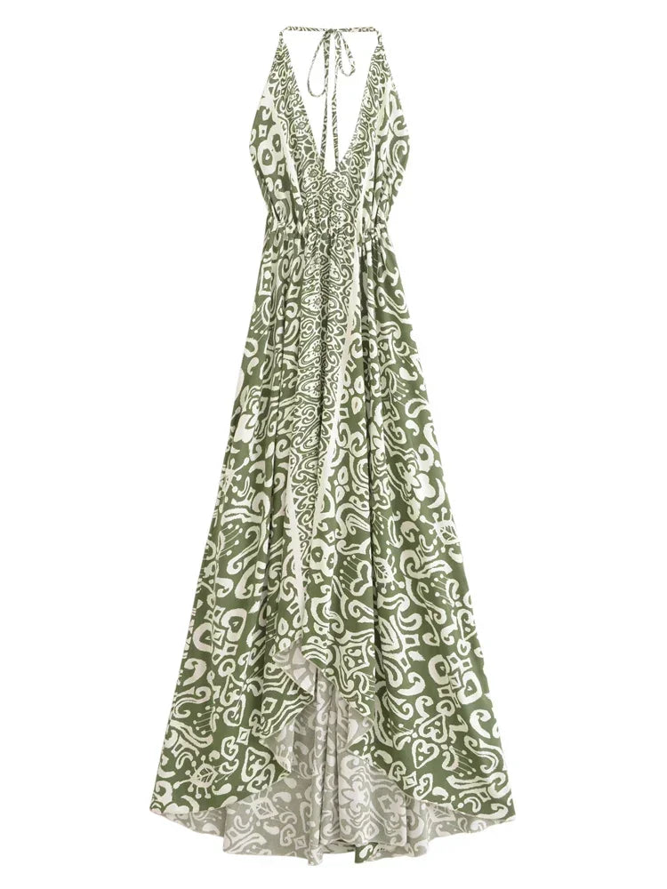 Vintage Women Geometric Print Backless Sexy Beach Bohemian Maxi Dress Lady High-Low Tassel Strapless Vacation Summer Boho Dress