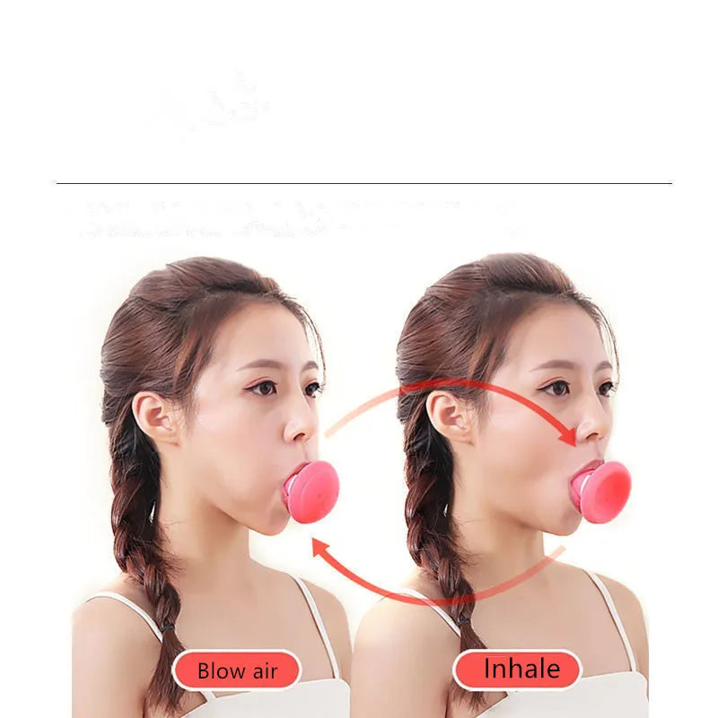 A woman using a round, pink silicone facial exercise tool to practice blowing and inhaling for face slimming.