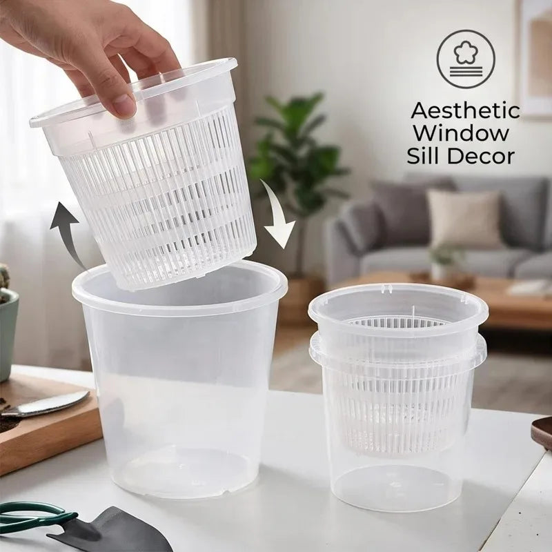Clear self-watering pot and inner mesh basket shown during setup on countertop