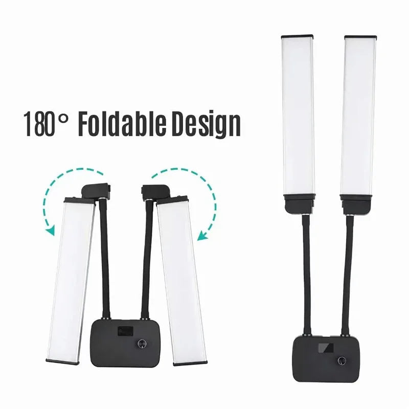 Dual LED strip light with black base, adjustable gooseneck arms, and 180-degree folding design for studio lighting.