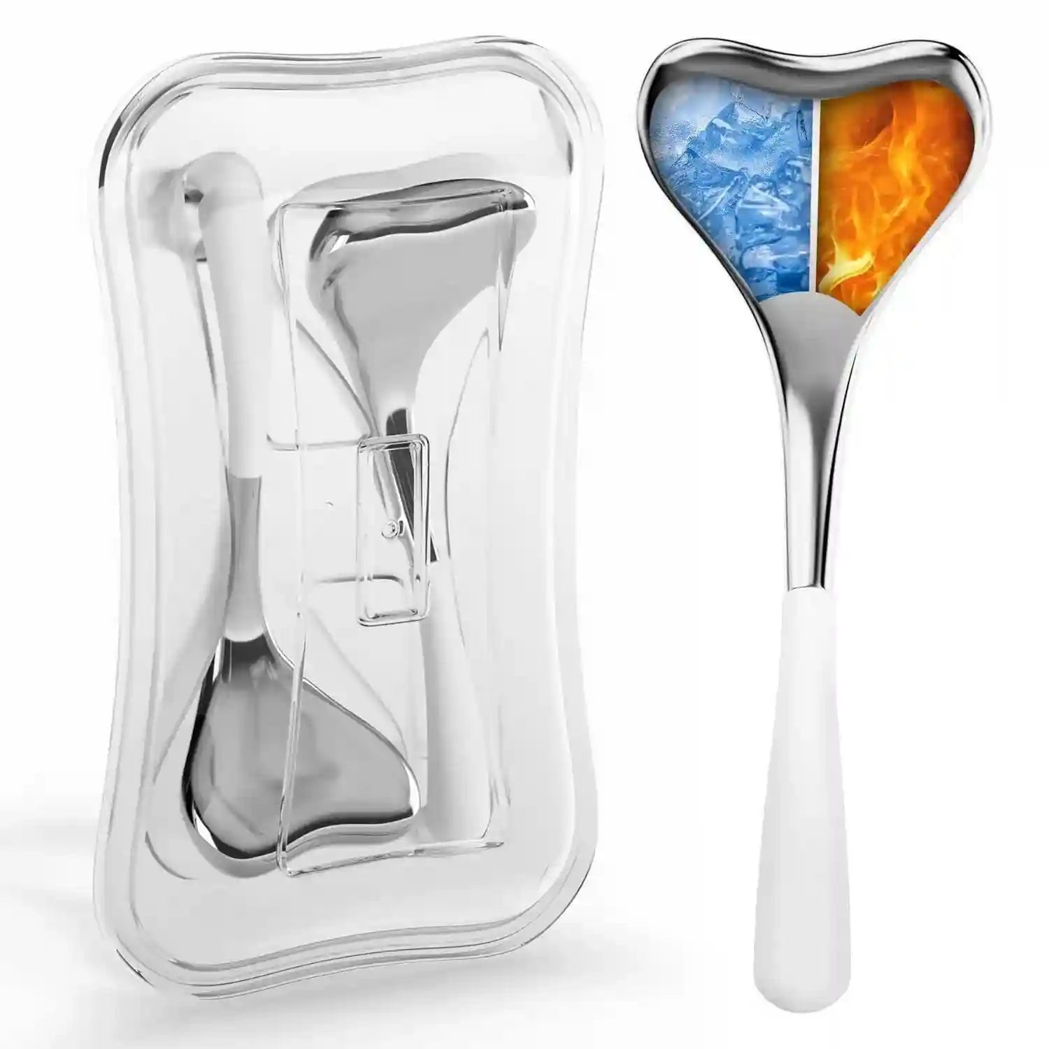 Two heart-shaped metal cryo facial massage tools with white handles, one in a clear case and one displayed vertically.