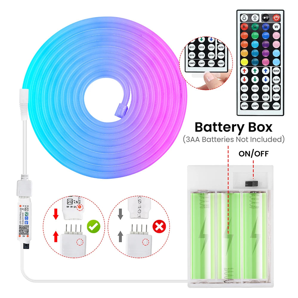 Bluetooth RGB LED Neon Strip Light 5V 3AA Battery Box 17Key 24key 44key Remote Control 108Leds/M 1M 2M 3M Waterproof Home Decor