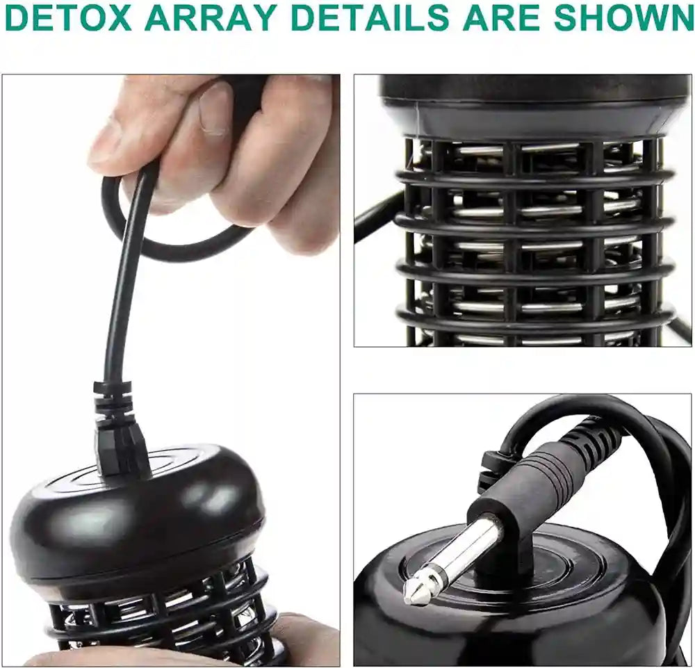 Black ionic foot detox spa machine array featuring stainless steel coils and a plug for home spa detoxification therapy.