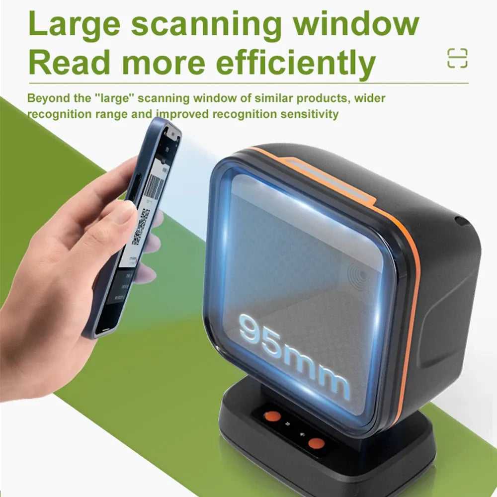 Desktop barcode scanner with wide front scanning window and orange light accents