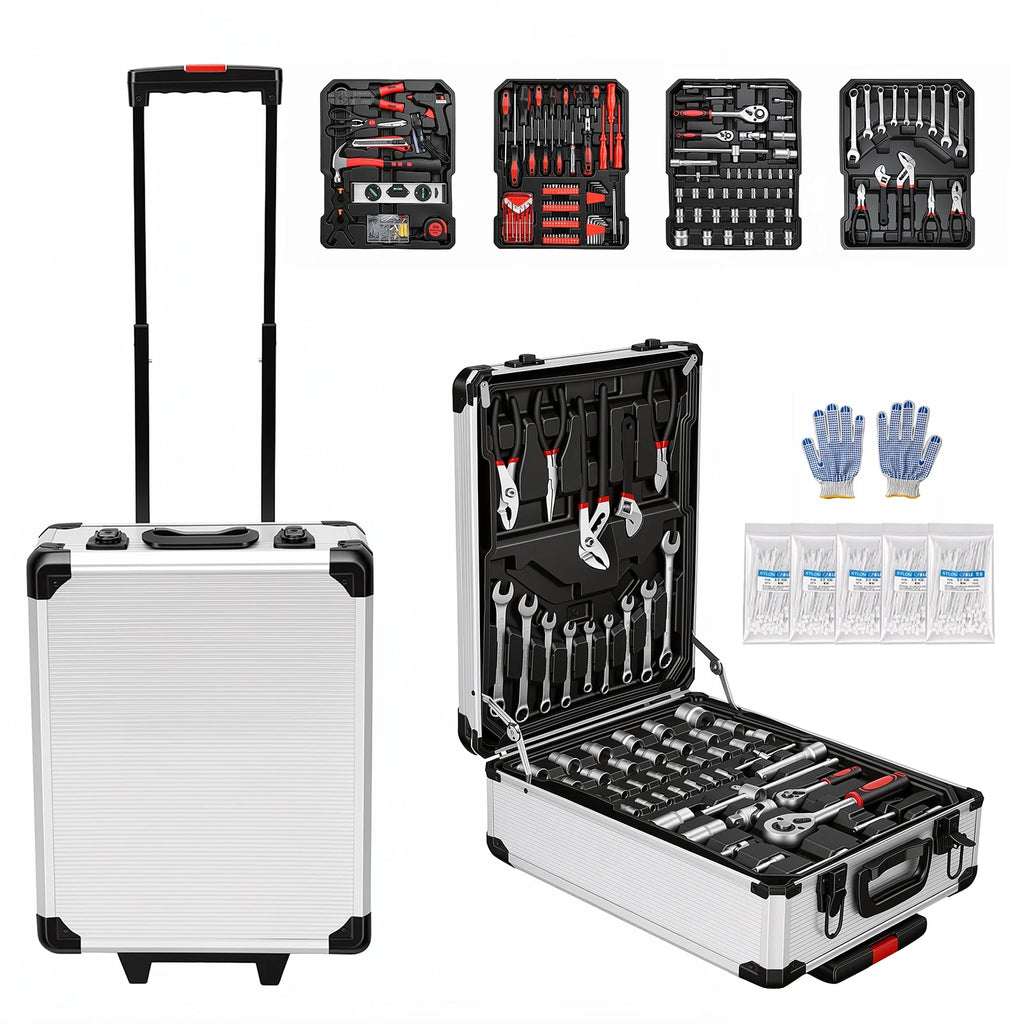 Professional Rolling Toolbox with Wheels Complete Mechanic Tool Set Heavy Duty Socket Wrench Kit Automotive Repair Hand Tools Portable Storage Case for Car Motorcycle Bicycle Home Garage Workshop Maintenance Equipment DIY