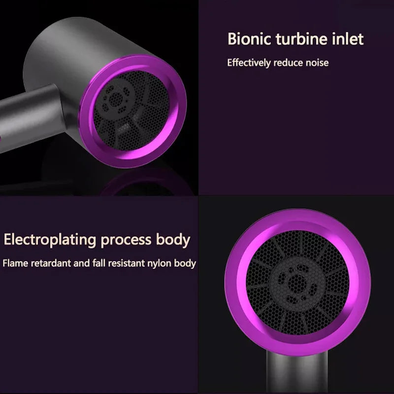 Professional 1000W ionic hair dryer in purple and grey, featuring a low-noise bionic turbine and durable nylon body.