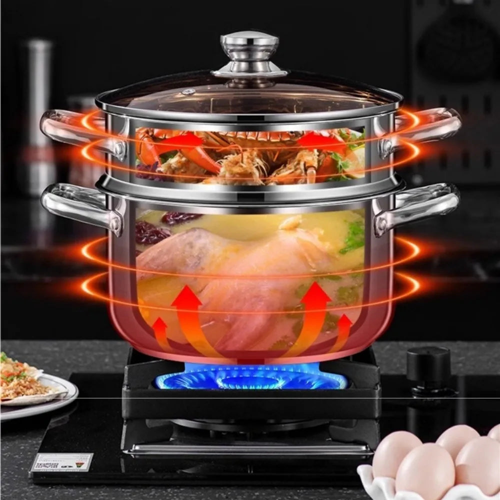 Stainless steel steamer pot with clear glass lid and vertical heating arrows