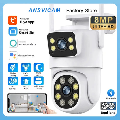 Dual-lens PTZ WiFi security camera box art showing 8MP Ultra HD and dual lenses