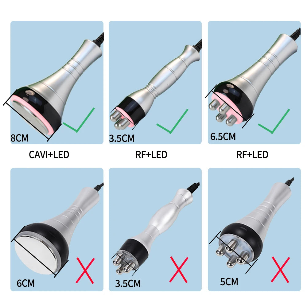 Six silver body shaping machine probes in various sizes and tip designs with CAVI+LED and RF+LED labeling.