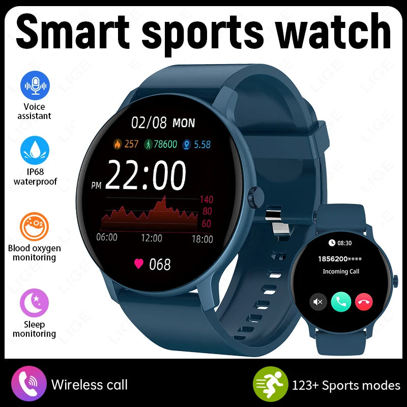 Blue smartwatch with round display showing fitness stats, silicone strap