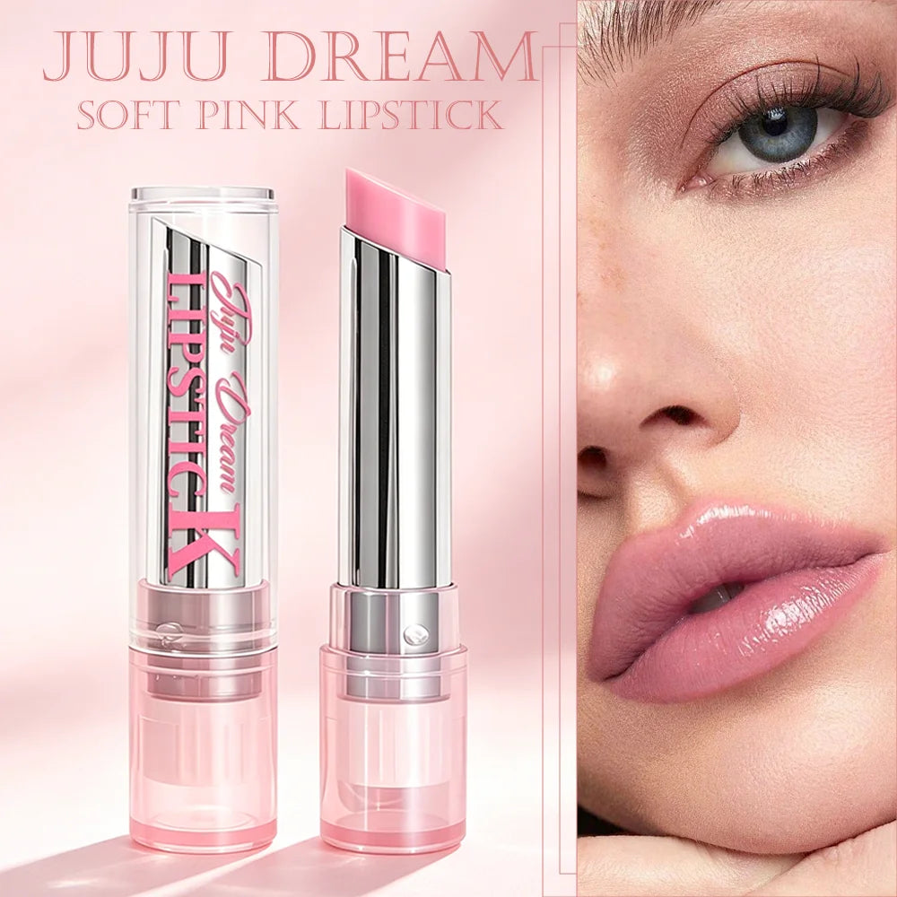 Pink magic color-changing lip balm with a hydrating, glossy texture for a natural daily makeup look.