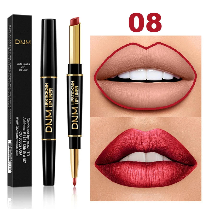 DNM 2-in-1 waterproof matte lipstick and lip liner pencil in shade 08, showing nude and red velvet lip makeup looks.