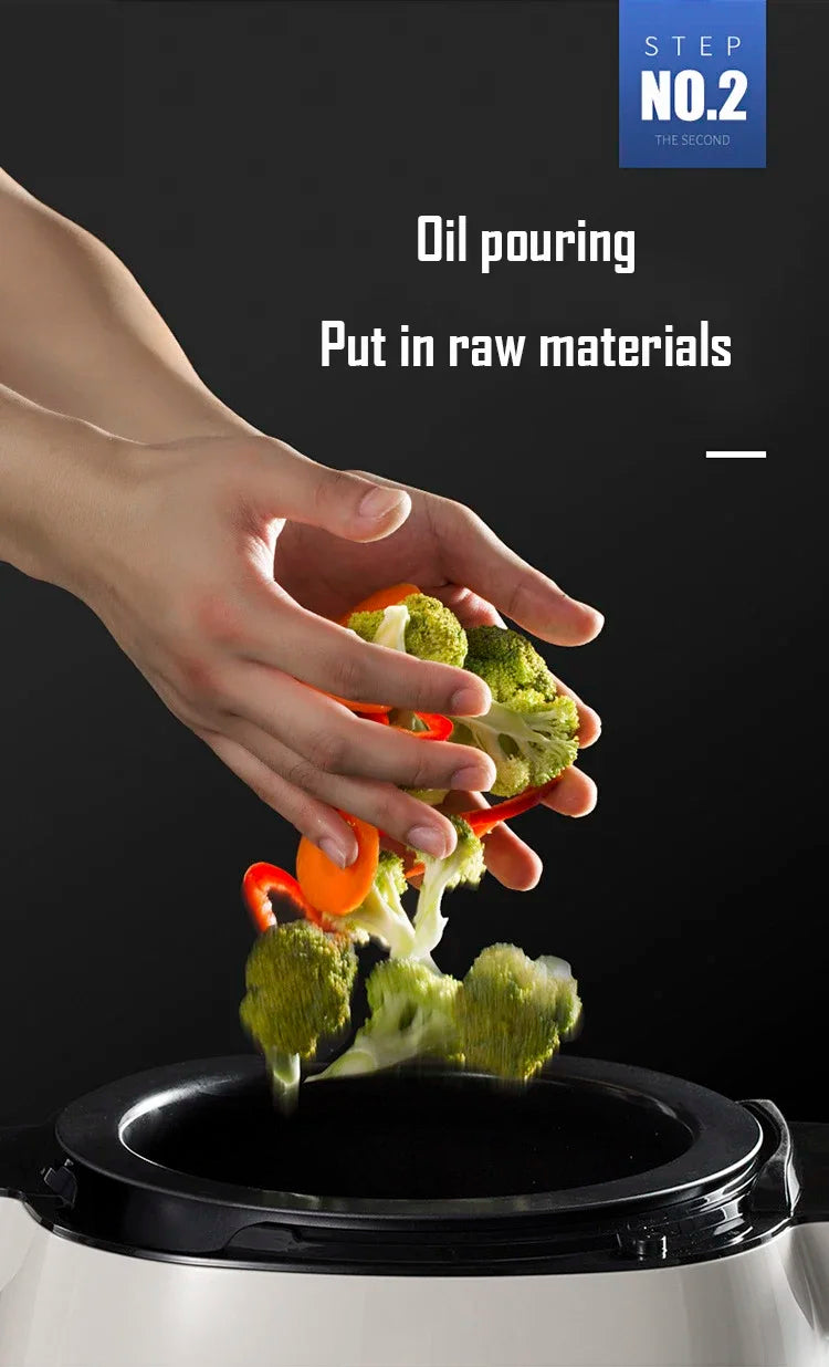 Stir-fry cooker pot with oil being poured over raw ingredients