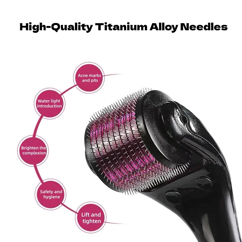 Black derma roller with a purple 540-needle drum, highlighting skin care benefits in circular callouts.