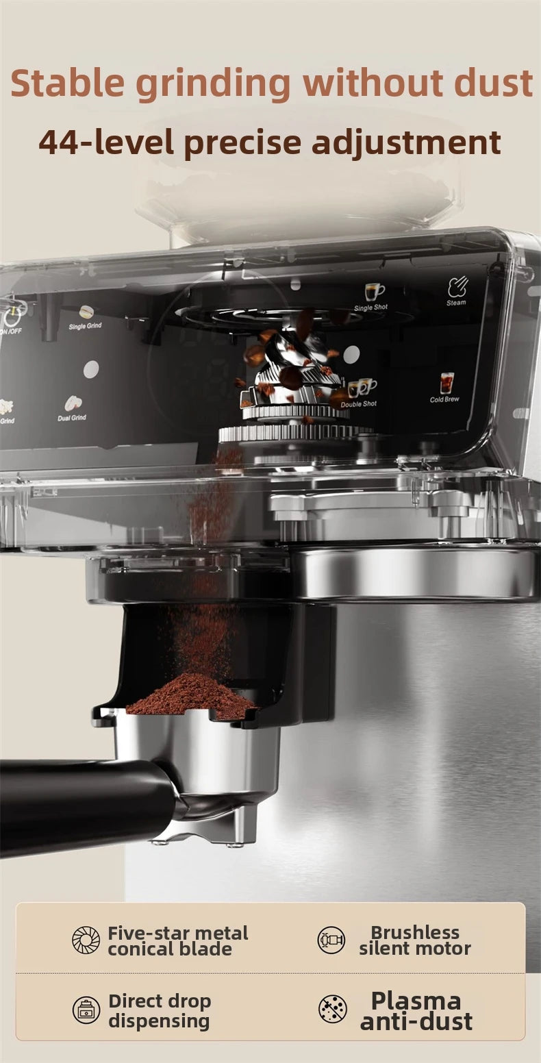 Stainless steel espresso machine grinder with 44-level adjustment, metal conical burr, and anti-dust technology.
