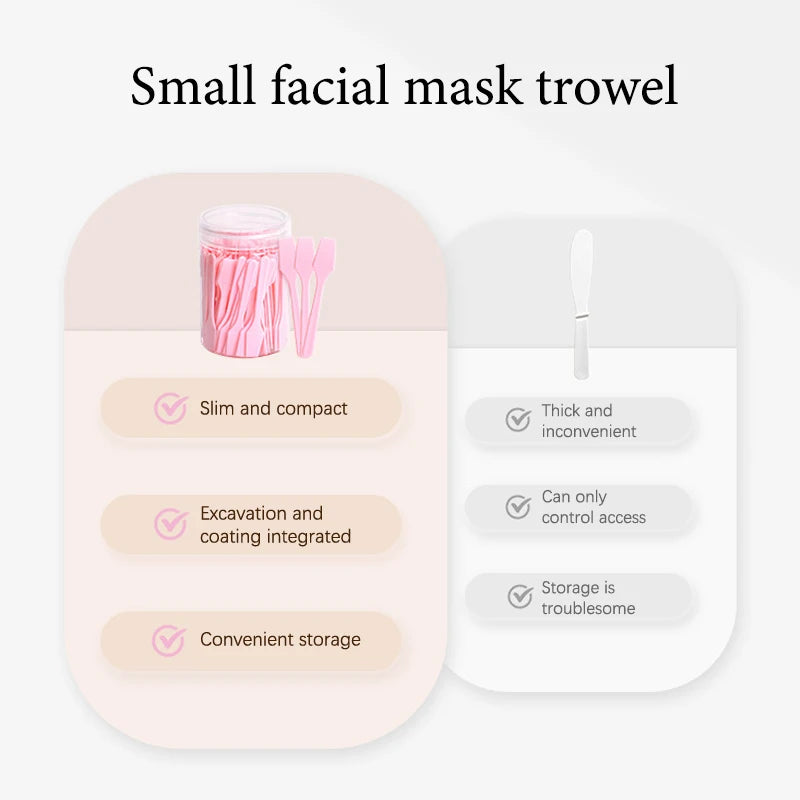 A set of 100 small, pink plastic cosmetic spatulas for applying creams and masks, shown with a storage container.