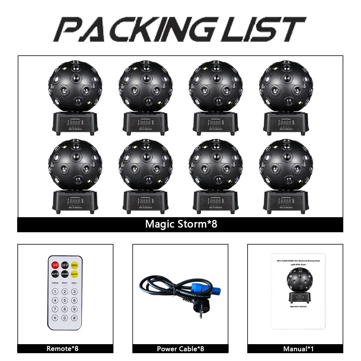 Set of 8 black 360° LED disco ball stage lights with rotating spheres