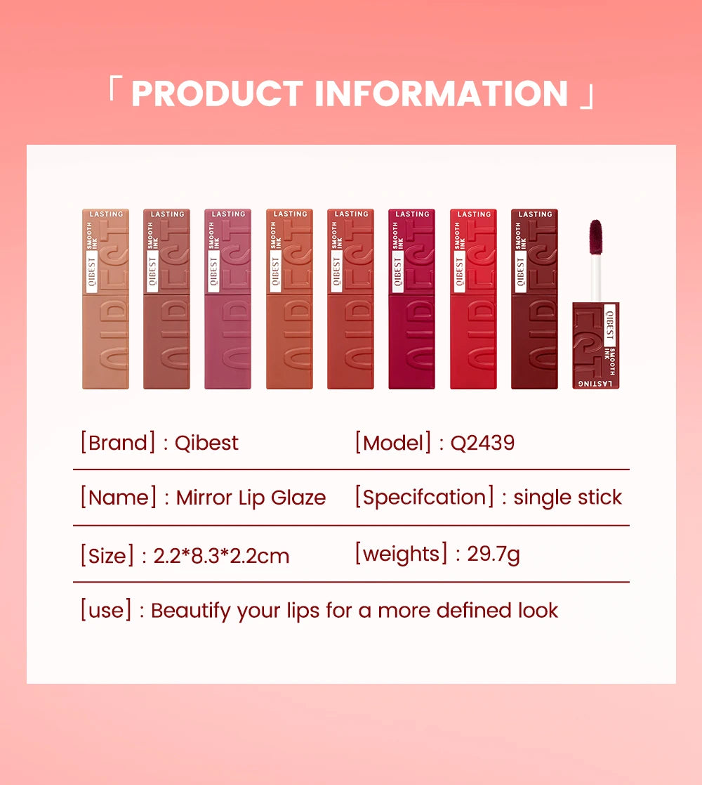 QIBEST moisturizing liquid lipstick set: mirror glossy lip glaze in various red shades with a lasting, smooth finish.