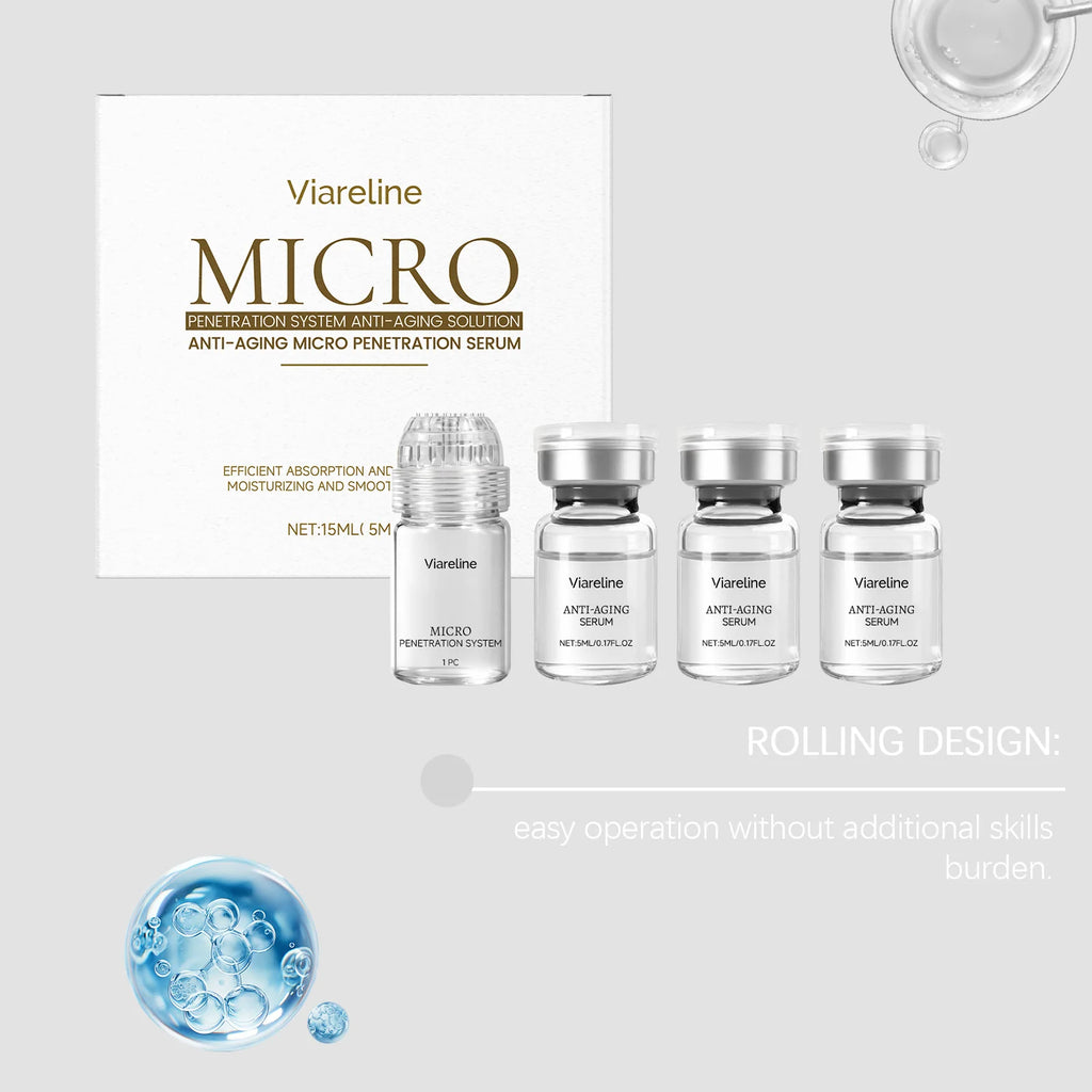 Viareline anti-aging serum set includes a box and four small glass vials with clear liquid, one with a rolling tip.