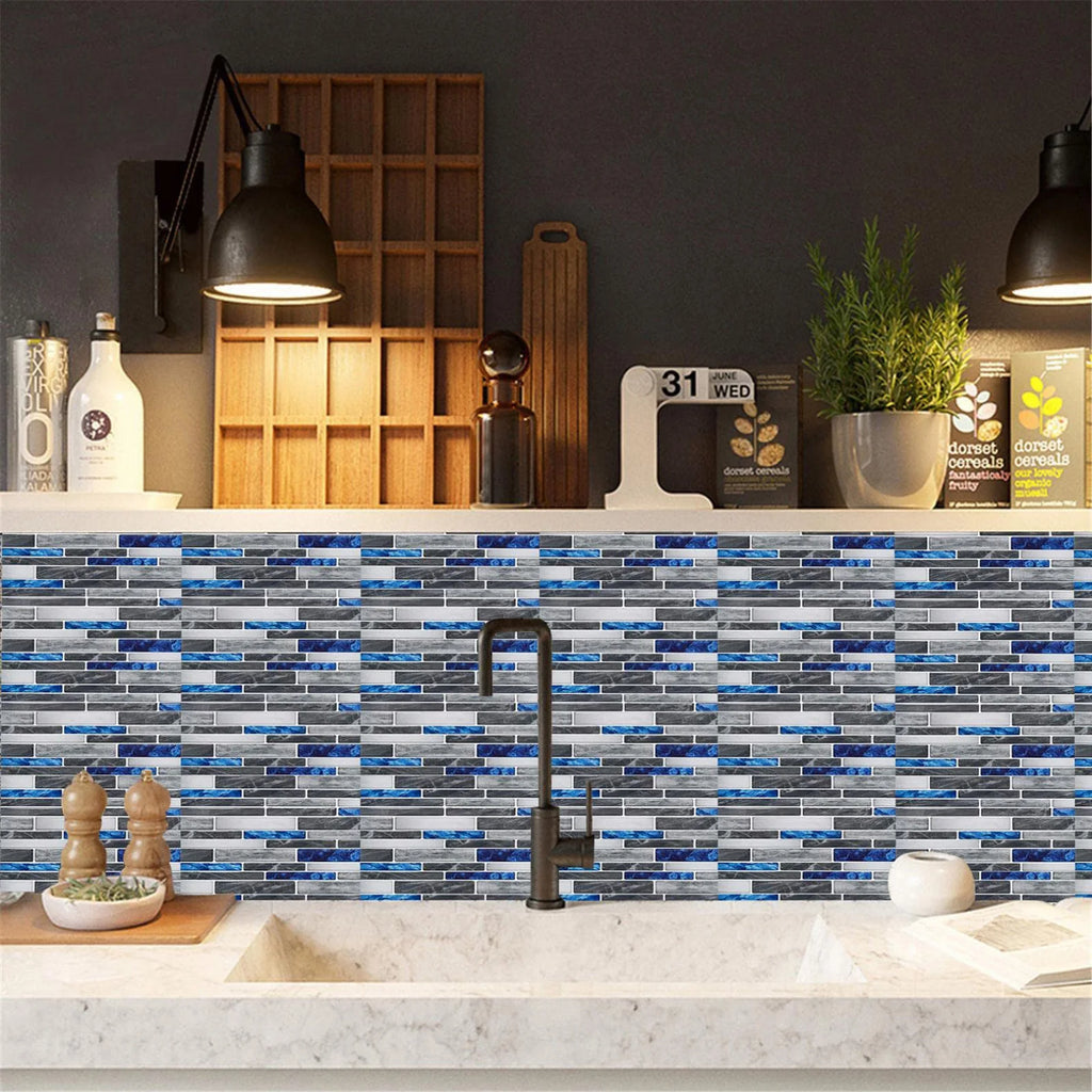 Self-adhesive 3D mosaic tile sticker wall covering with blue and gray brick pattern