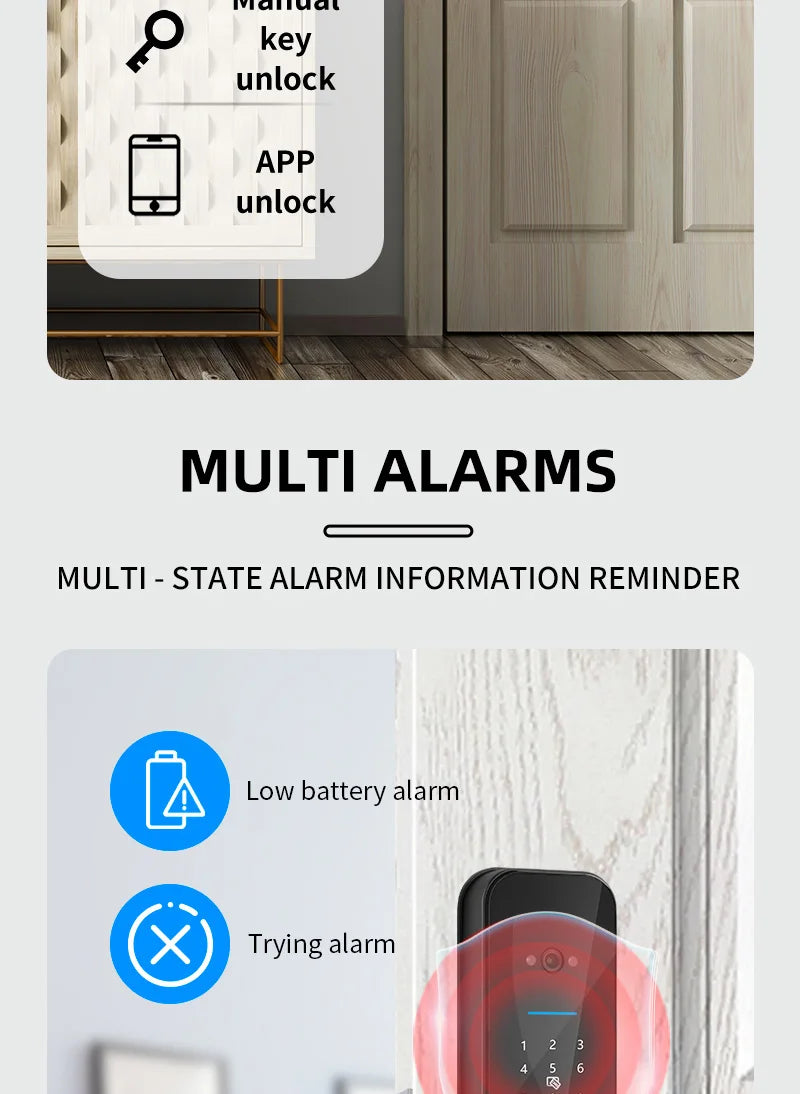 New Biometric Digital Electronic Smart Door Lock With Camera Fingerprint Tuya Wifi Smart Card Password Key Unlock