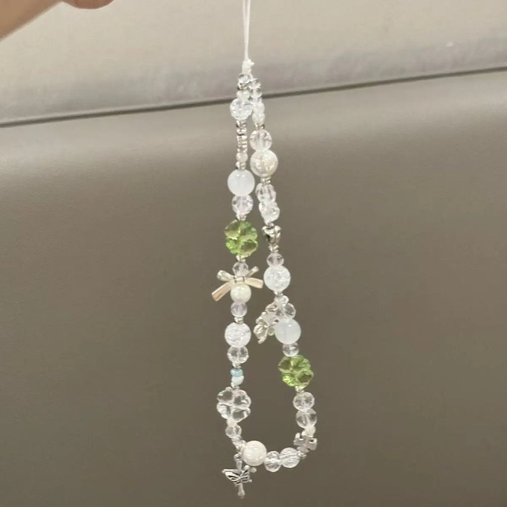 Korean Cute Green Clear Lucky XYun Beaded Keychain Phone Charm Chain Strap Pendant For Phone Accessories Bag Hanging Cord Gift