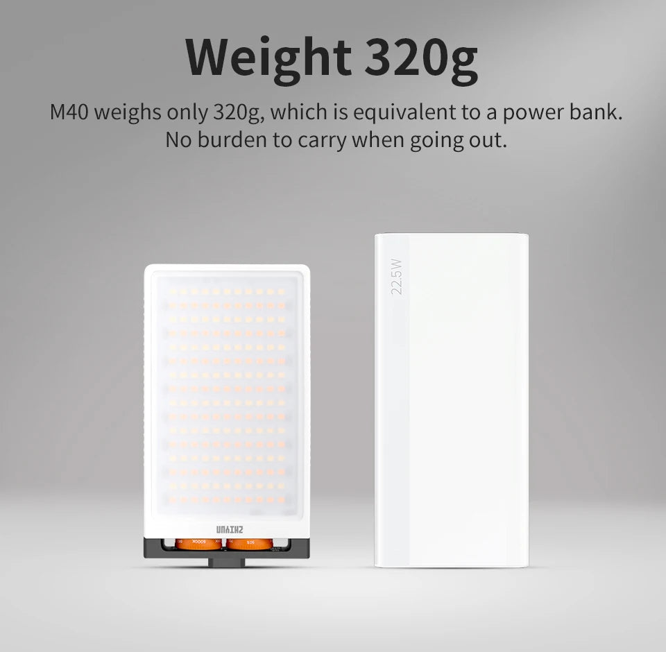 M40 rectangular LED light panel next to a white power bank, illustrating its compact 320g size for portable photography.
