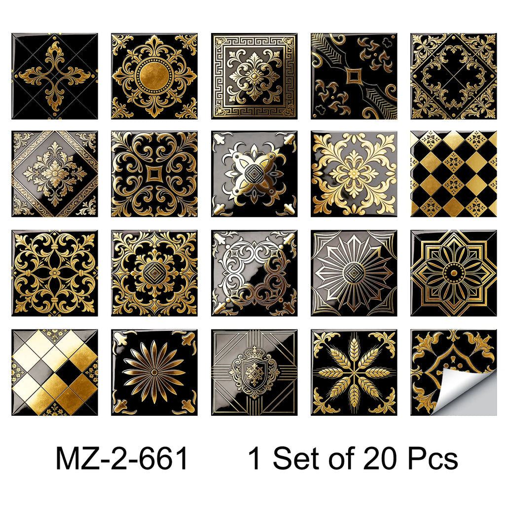 20pcs Classic Black Gold Ornate Baroque Style Tile Transfers Waterproof Stickers for Home Renovation