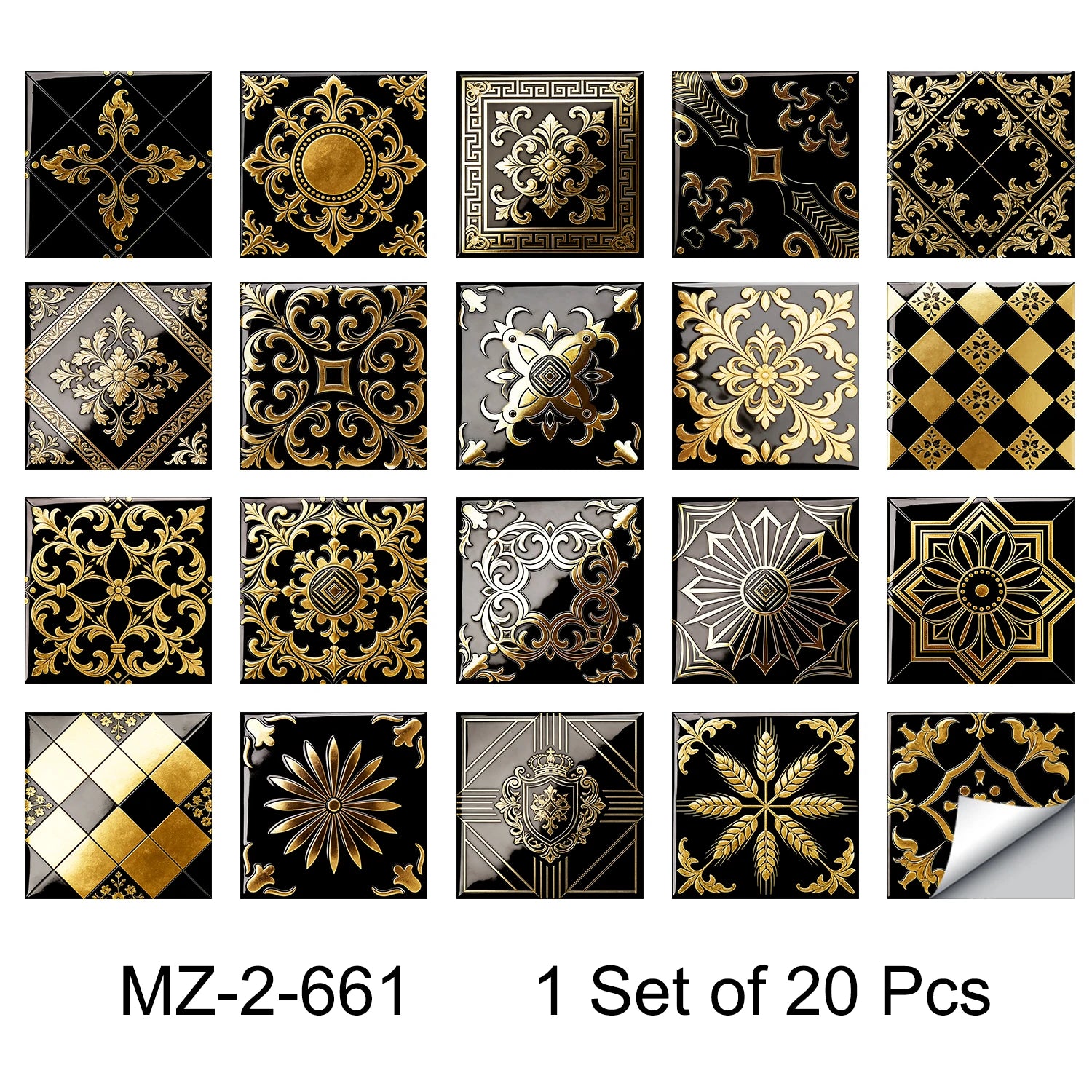 20pcs Classic Black Gold Ornate Baroque Style Tile Transfers Waterproof Stickers for Home Renovation