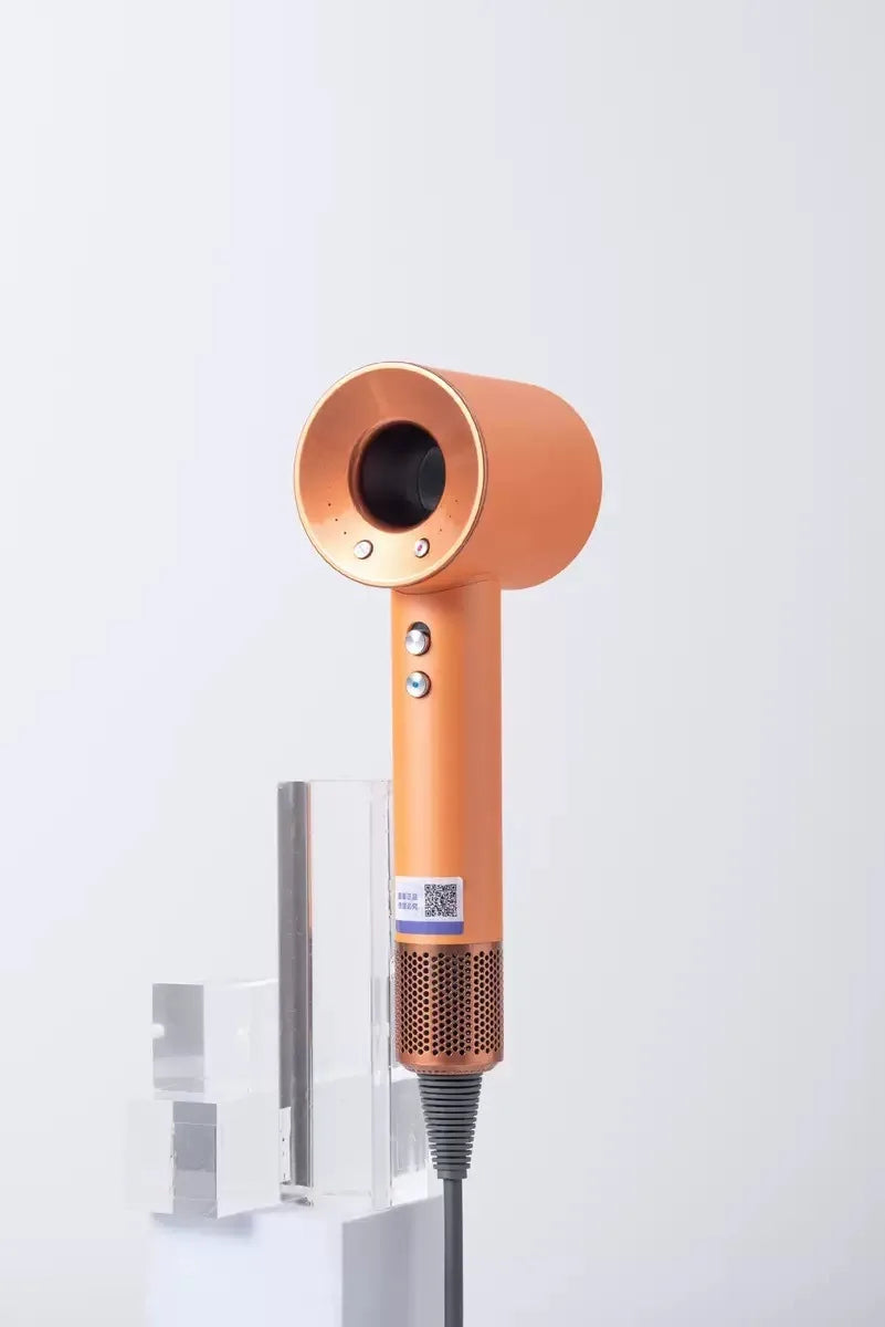 Orange high-speed hair dryer with brushless motor, negative ion technology, and sleek, quiet, ergonomic design.