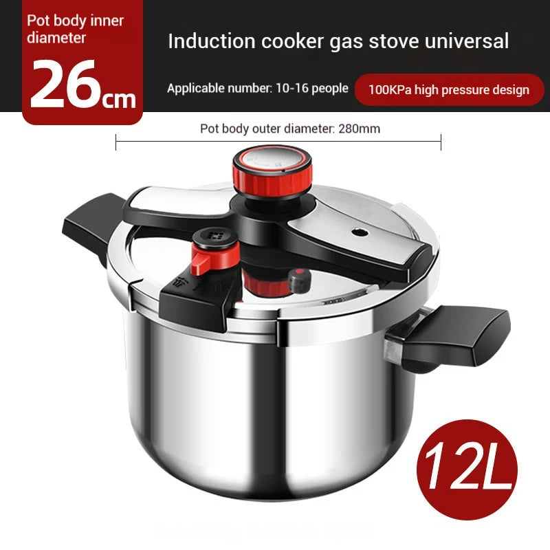 12L stainless steel pressure cooker with red valve, black lid knobs, and side handles