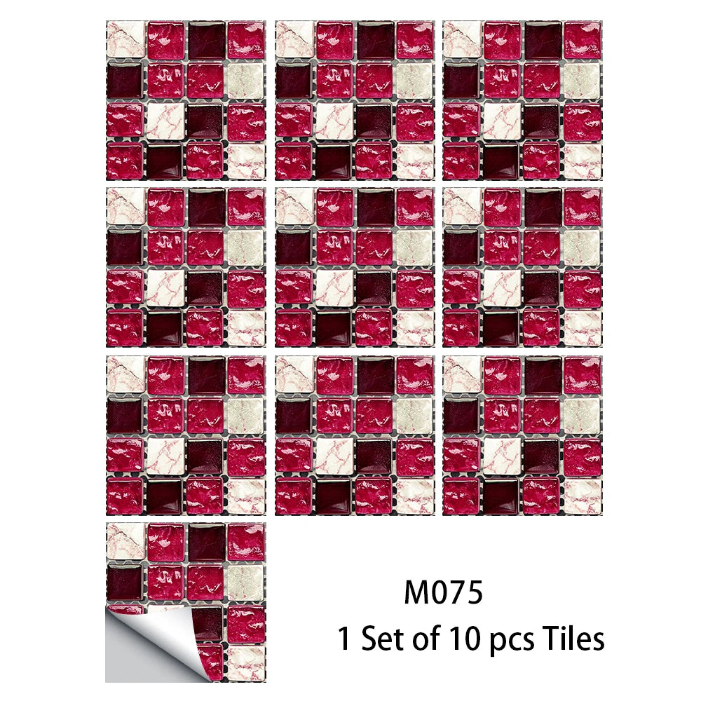 10pcs Flat Mosaic Style Tiles Sticker Kitchen Bathroom Waterproof & Oilproof Art Wall Sticker Peel & Stick Surface Glossy Film
