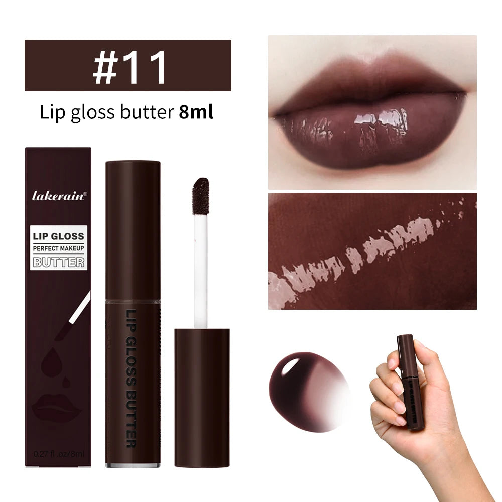 Lakerain butter lip gloss #11, a moisturizing dark brown mirror-finish lip glaze with non-stick, long-lasting color.