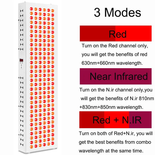Tall rectangular LED red light therapy panel for wellness, featuring 630nm, 660nm, 810nm, 830nm, and 850nm wavelengths.