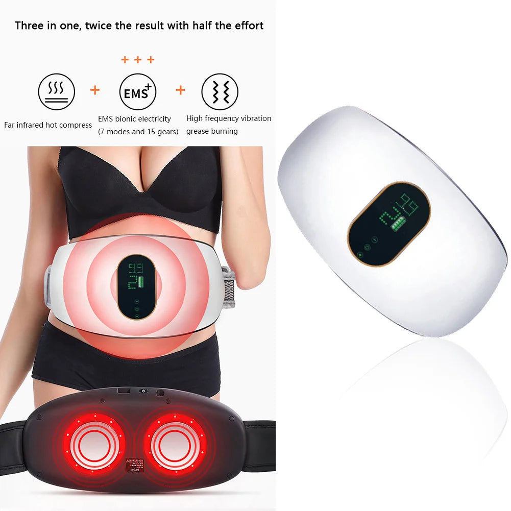 White oval electric body massager belt with digital display and internal red light therapy heating nodes.