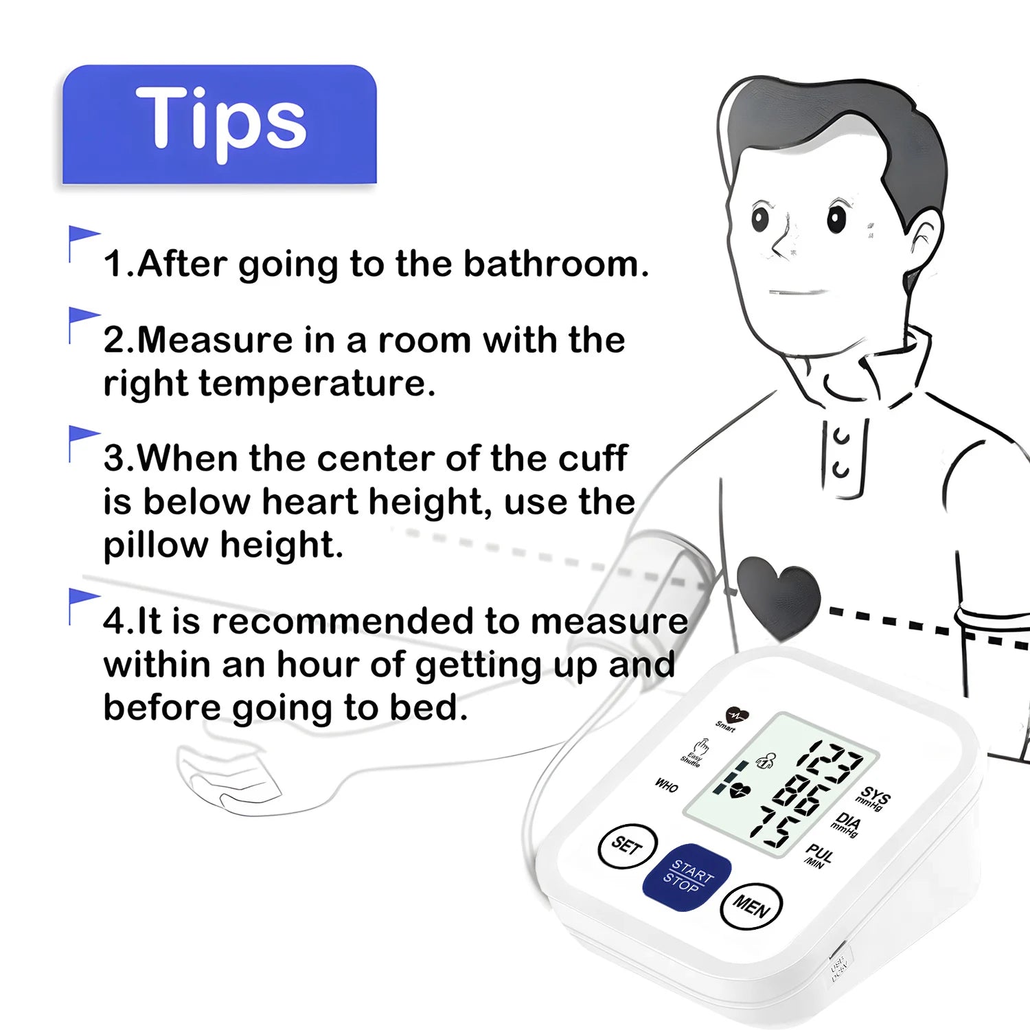 Upper Arm Digital Blood Pressure Monitor Automatic Home Medical BP Tensiometer Heart Rate Pulse Detector Large LCD Screen