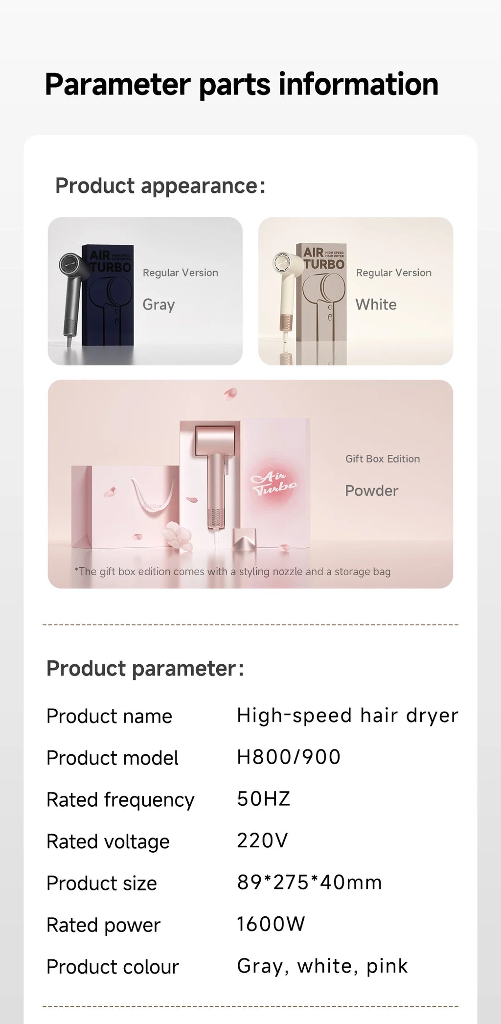DOCO high-speed negative ion hair dryer in gray, white, and pink gift sets with styling nozzles and travel bags.