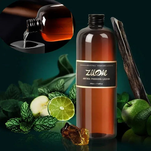 Amber essential oil bottle for aromatherapy with apple, lime, and mint for wellness and home fragrance.