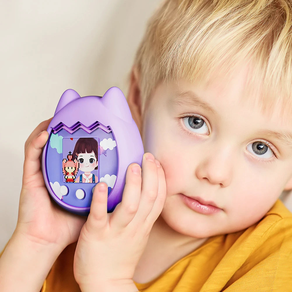 Child holding a purple cat-ear silicone shockproof case for Tamagotchi Pix virtual pet, protecting the device.