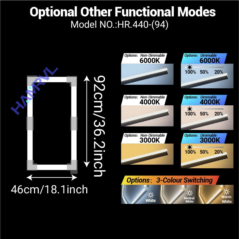 Rectangular LED ceiling light sizing diagram, 46cm x 92cm