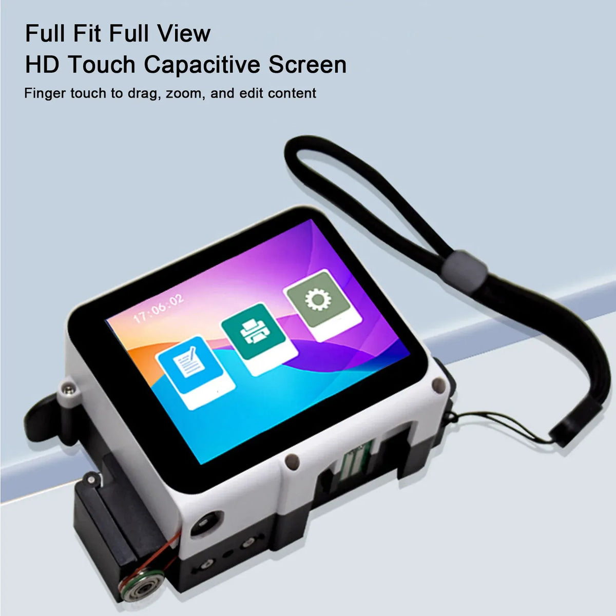 Handheld inkjet printer with HD touchscreen and black carrying strap