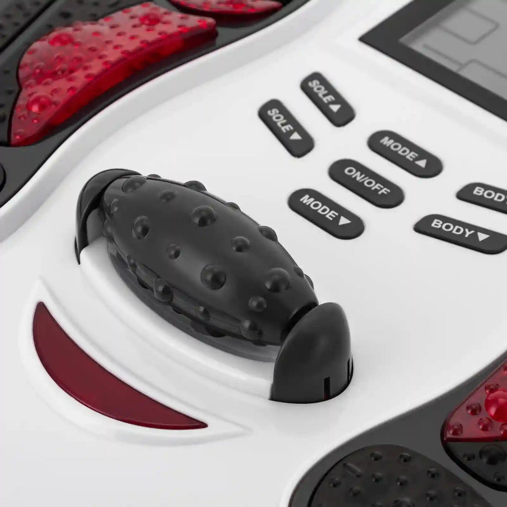 Electric leg circulation simulator with black roller, red pads, and control buttons for home foot massage therapy.