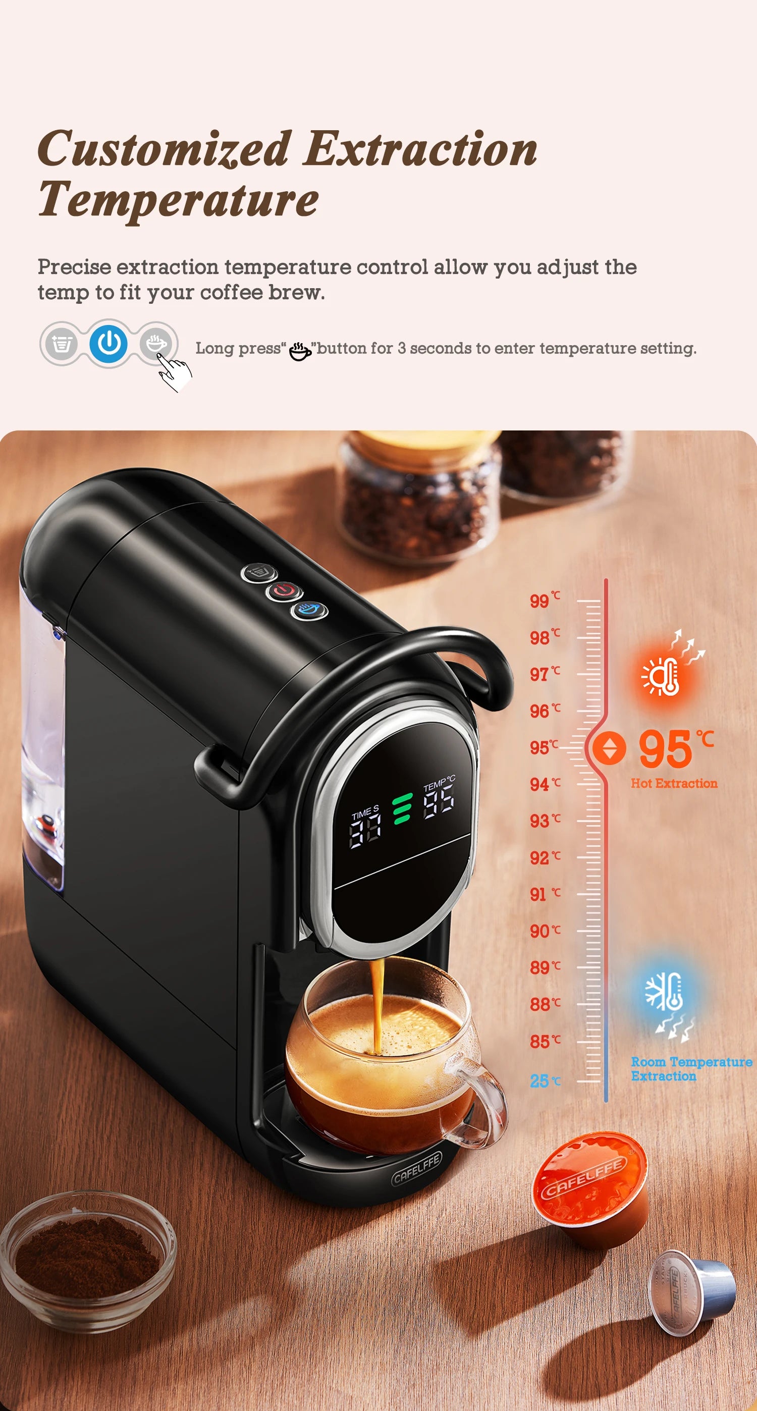 Black Cafelffe capsule coffee maker with digital temperature display, water tank, and glass cup on wooden table.