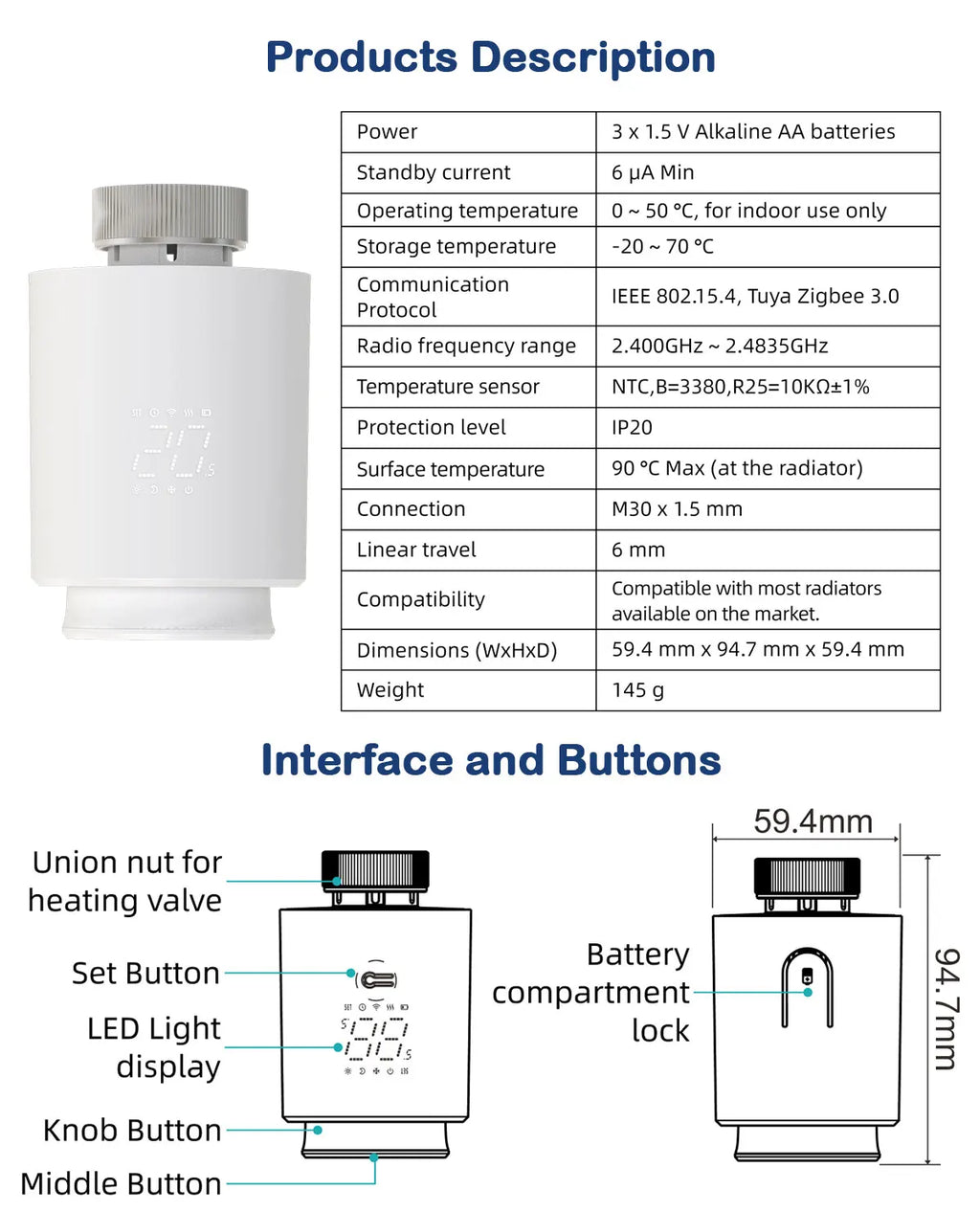 Tidesmit Smart Thermostat Radiator Valve WiFi Zigbee App Control Tidesmit